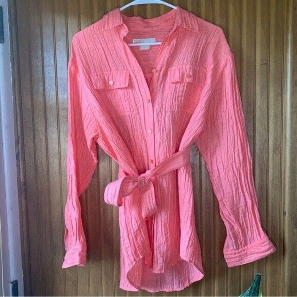 ‘Michael’ Michael Kors Pink Rouched Belted Linen Button-Up Top- Women XS
